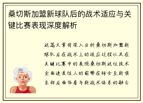 桑切斯加盟新球队后的战术适应与关键比赛表现深度解析 桑切斯加盟新球队后的战术适应与关键比赛表现深度解析